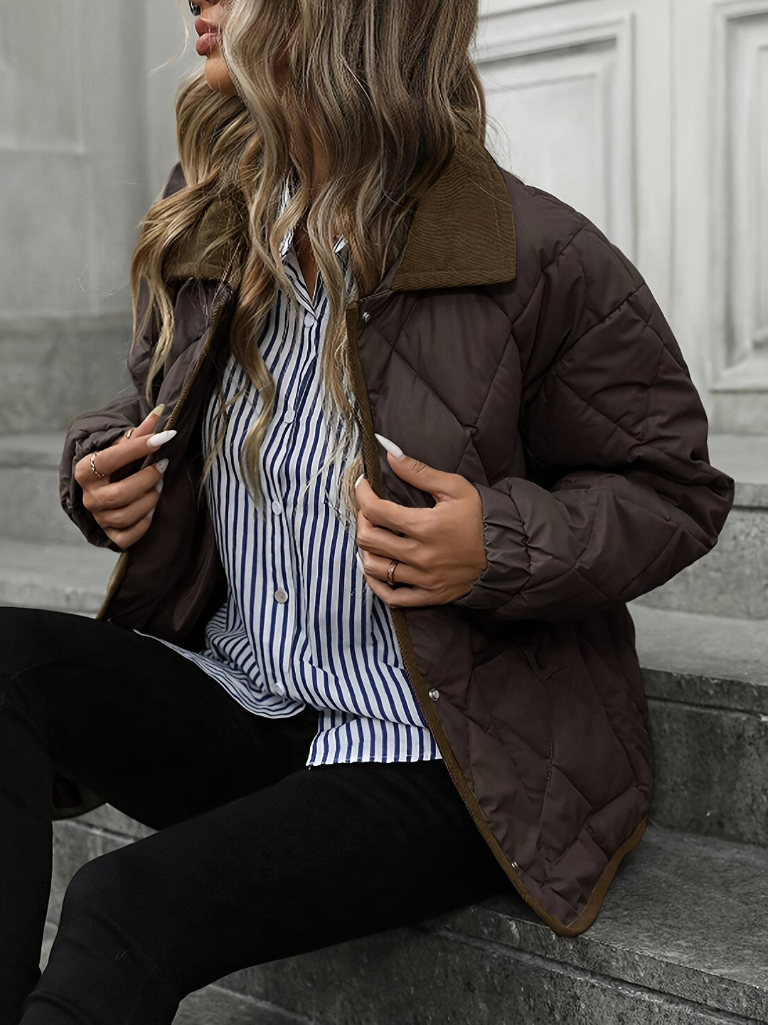 Élowïne | Femme Veste Matelassée Col Velours - Dark Brown - Image 3