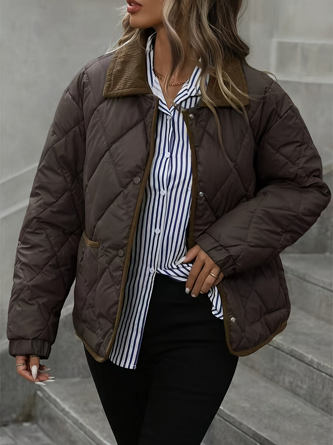 Élowïne | Femme Veste Matelassée Col Velours - Dark Brown - Image 5