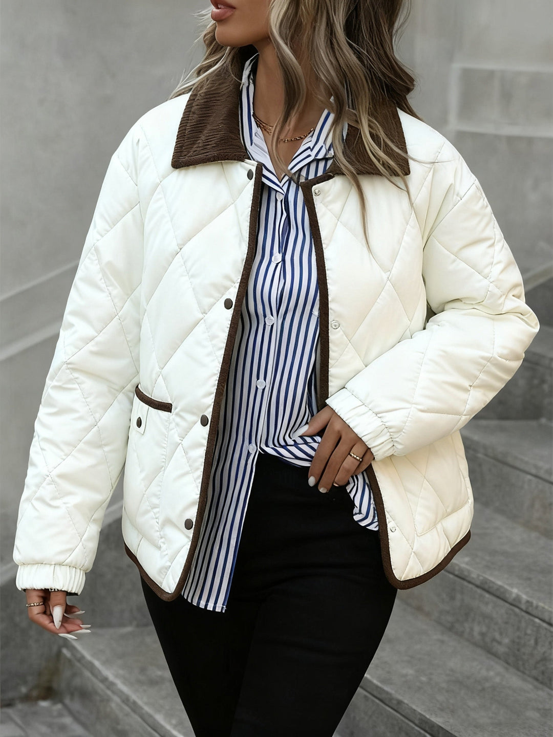 Élowïne | Femme Veste Matelassée Col Velours - Dark Brown - Image 9