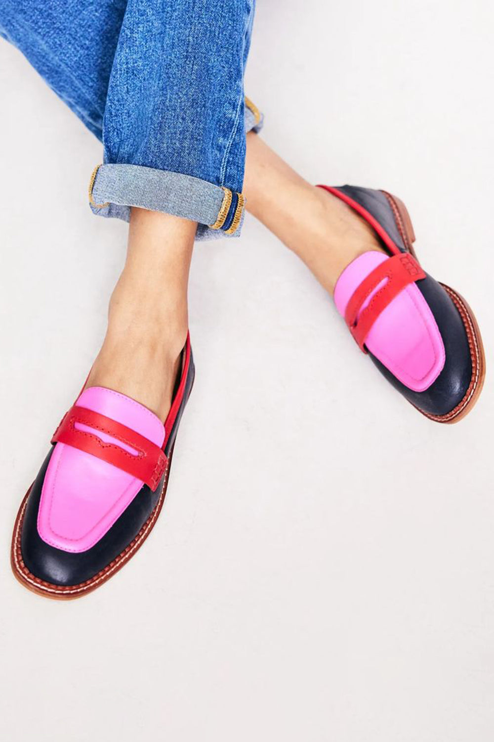 Léowyne | Mocassin Femme Colorblock Marine Rose Rouge - Image 1