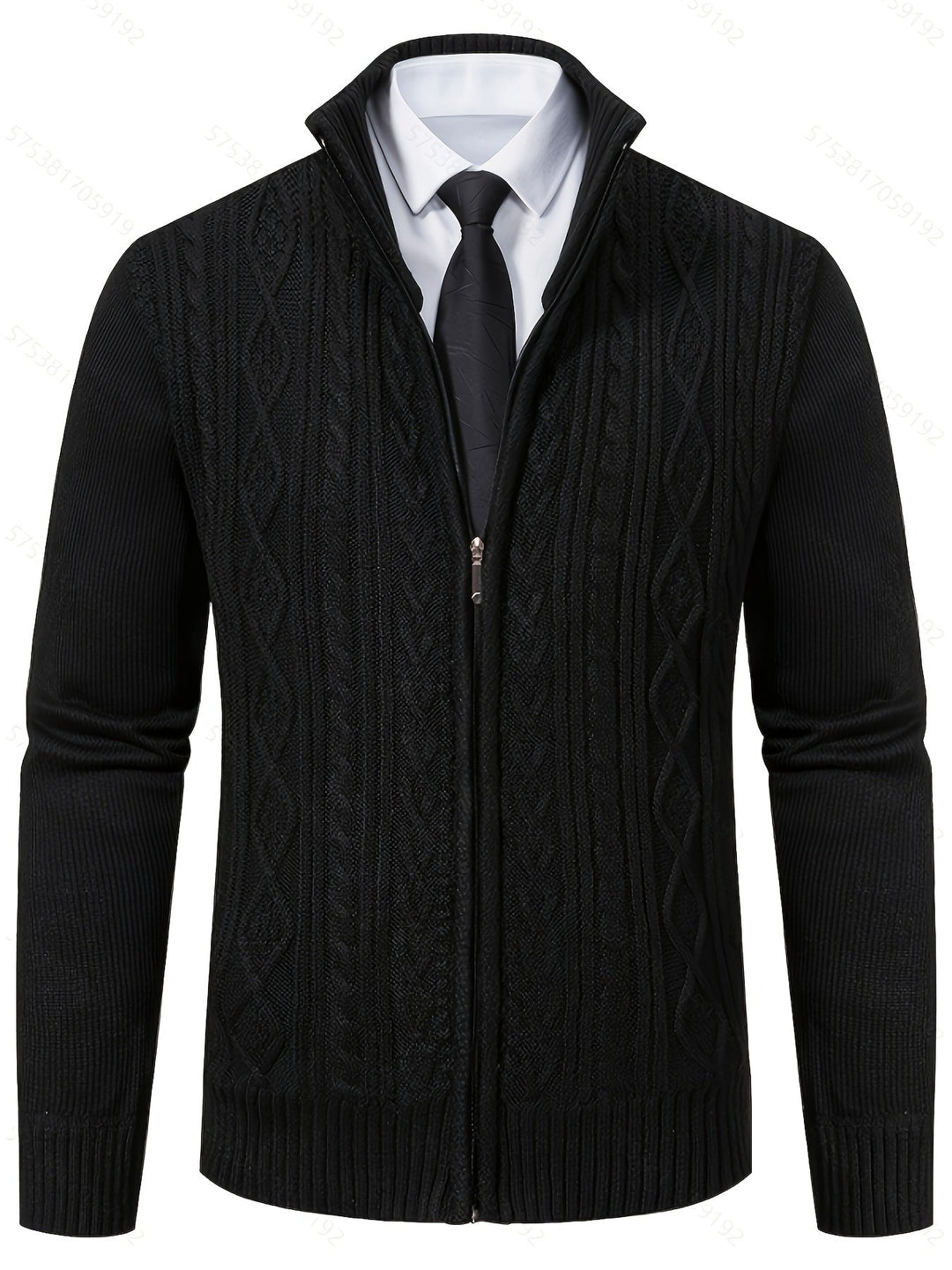 Lévand | Homme Cardigan Zippé Torsadé Col Montant - Black - Image 5