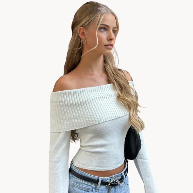 Lévane | Femme Pull Épaules Dénudées Côtelé - White - Image 1