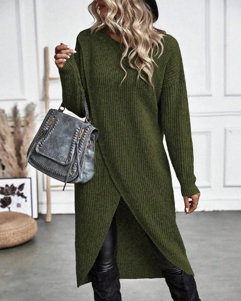 Élvhane | Femme Robe Pull Maille Longue Fente - Dark Green - Image 1