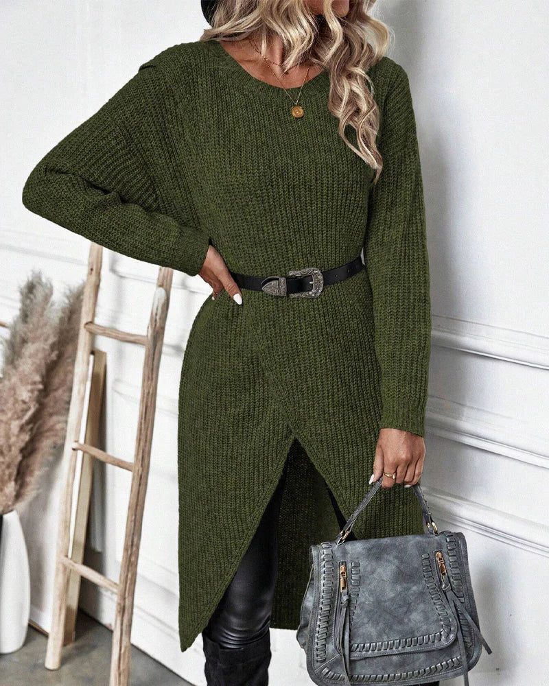 Élvhane | Femme Robe Pull Maille Longue Fente - Dark Green - Image 2