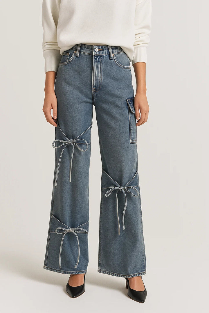 Élvhine | Femme Jean Large Taille Haute Nœuds - Blue - Image 1