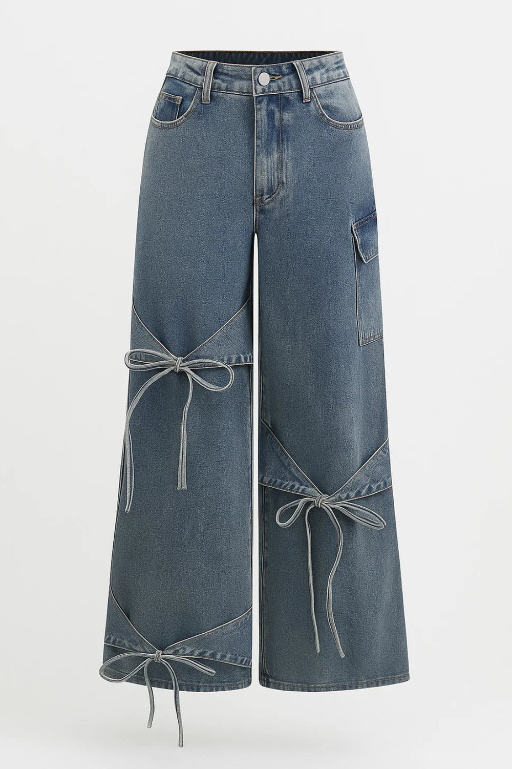 Élvhine | Femme Jean Large Taille Haute Nœuds - Blue - Image 2