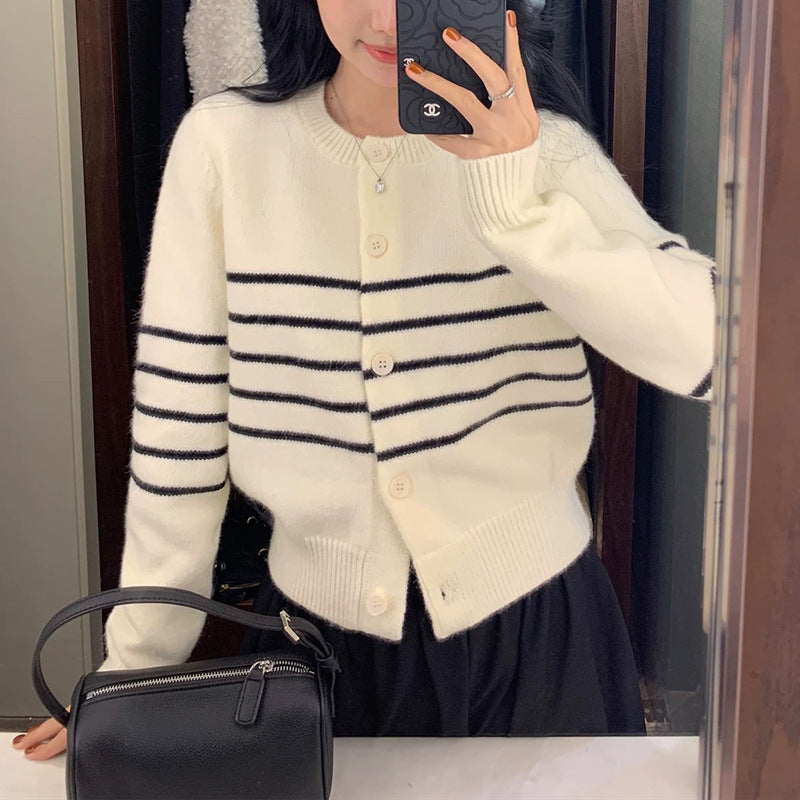 Élviane | Gilet en Maille Rayé Femme Col Rond - Navy - Image 3
