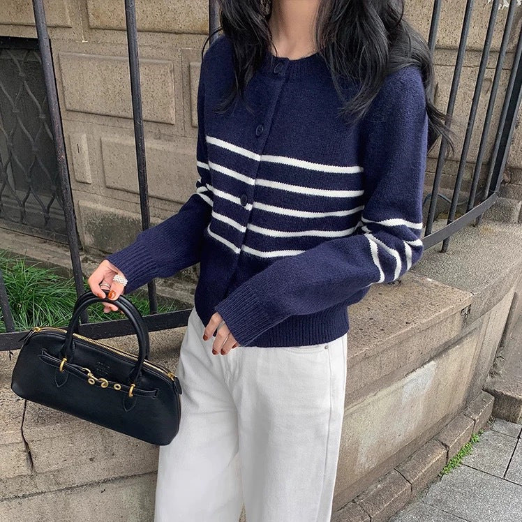 Élviane | Gilet en Maille Rayé Femme Col Rond - Navy - Image 4