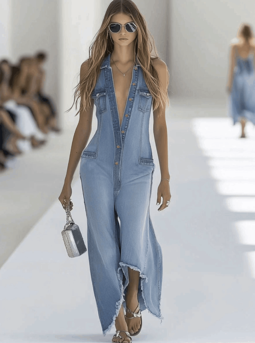 Lysette | Women's Collared Sleeveless Wide Leg Jumpsuit - Light Blue - Image 2