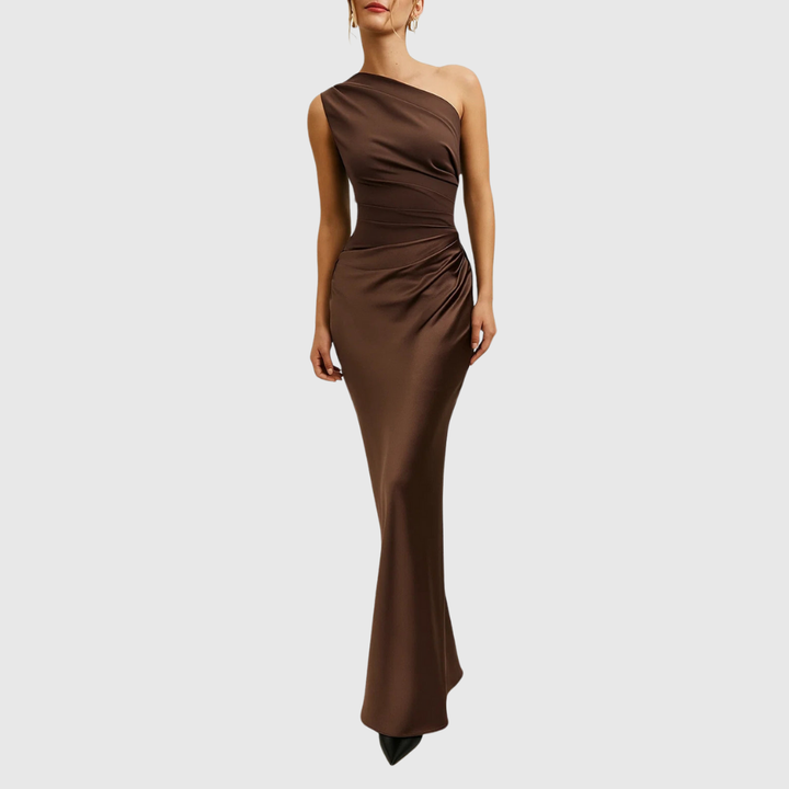 Lyvorne | Femme Robe de Soirée Longue Col Asymétrique - Brown - Image 1