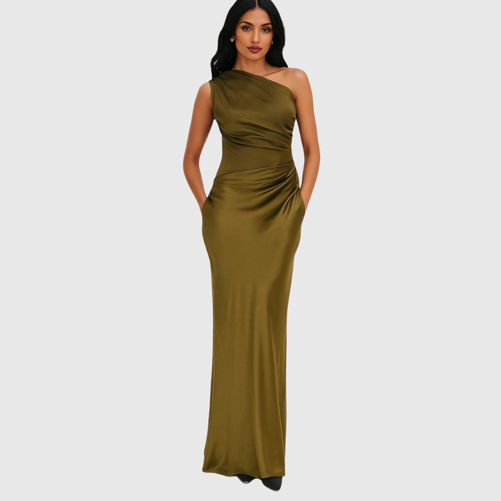 Lyvorne | Femme Robe de Soirée Longue Col Asymétrique - Brown - Image 2