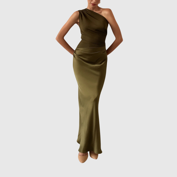 Lyvorne | Femme Robe de Soirée Longue Col Asymétrique - Brown - Image 4