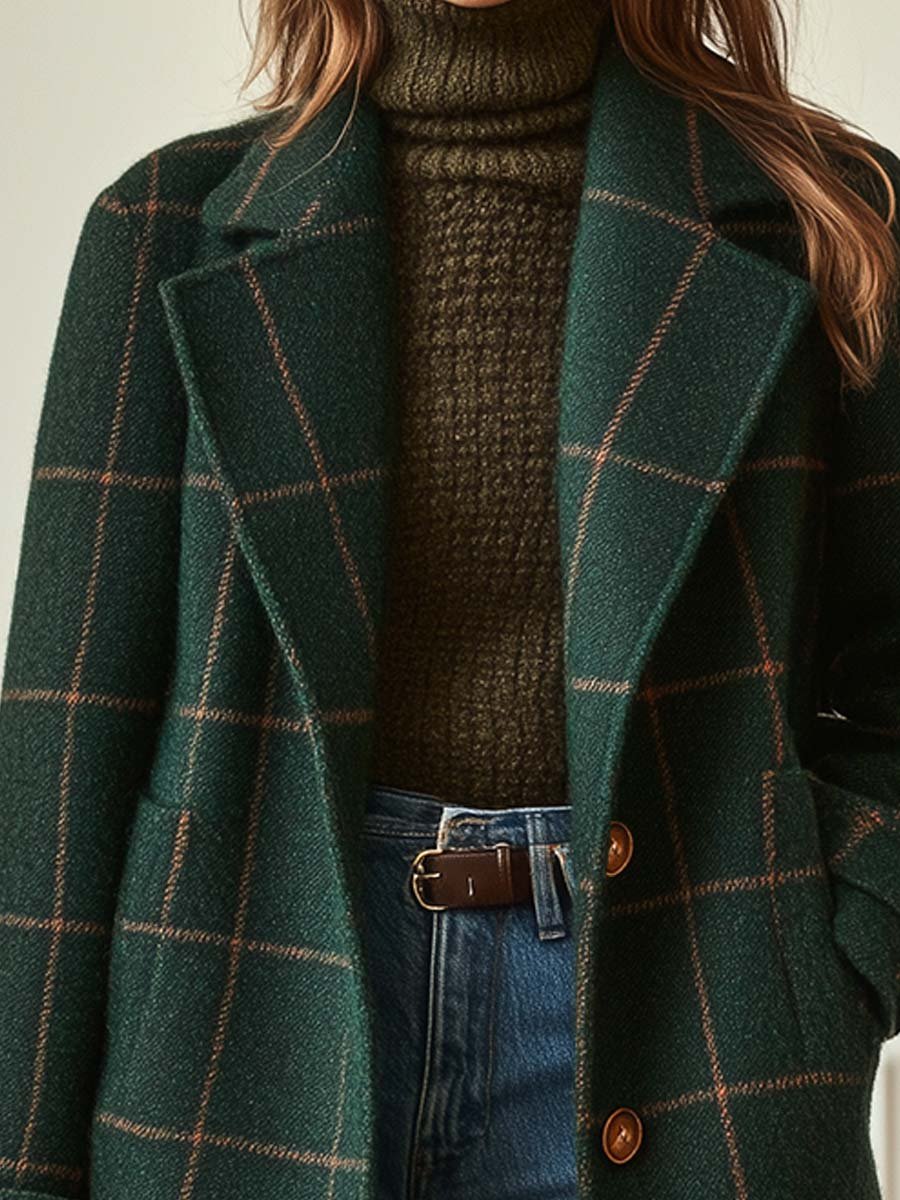 Marcella | Women's Plaid Double Breasted Long Coat - Green - Image 2