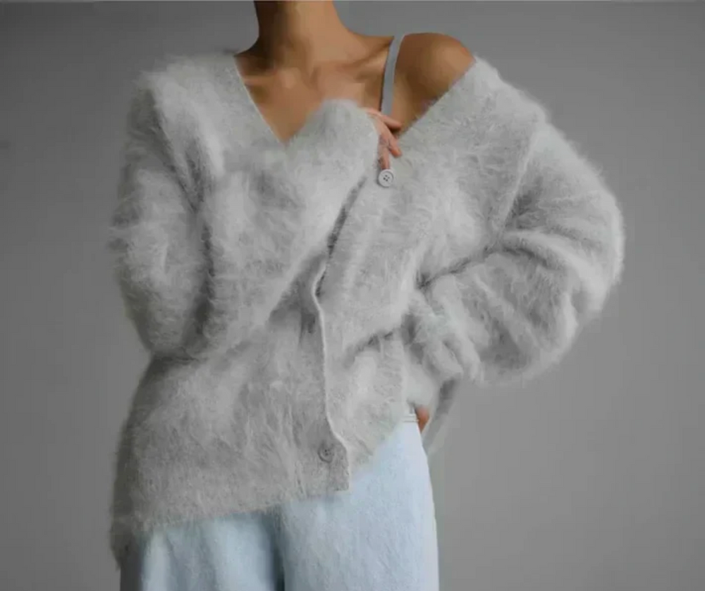 Marveine | Cardigan Femme Oversize Duveteux Col V - Taupe - Image 2