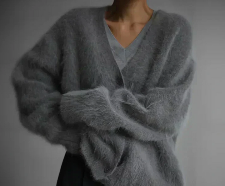 Marveine | Cardigan Femme Oversize Duveteux Col V - Taupe - Image 4