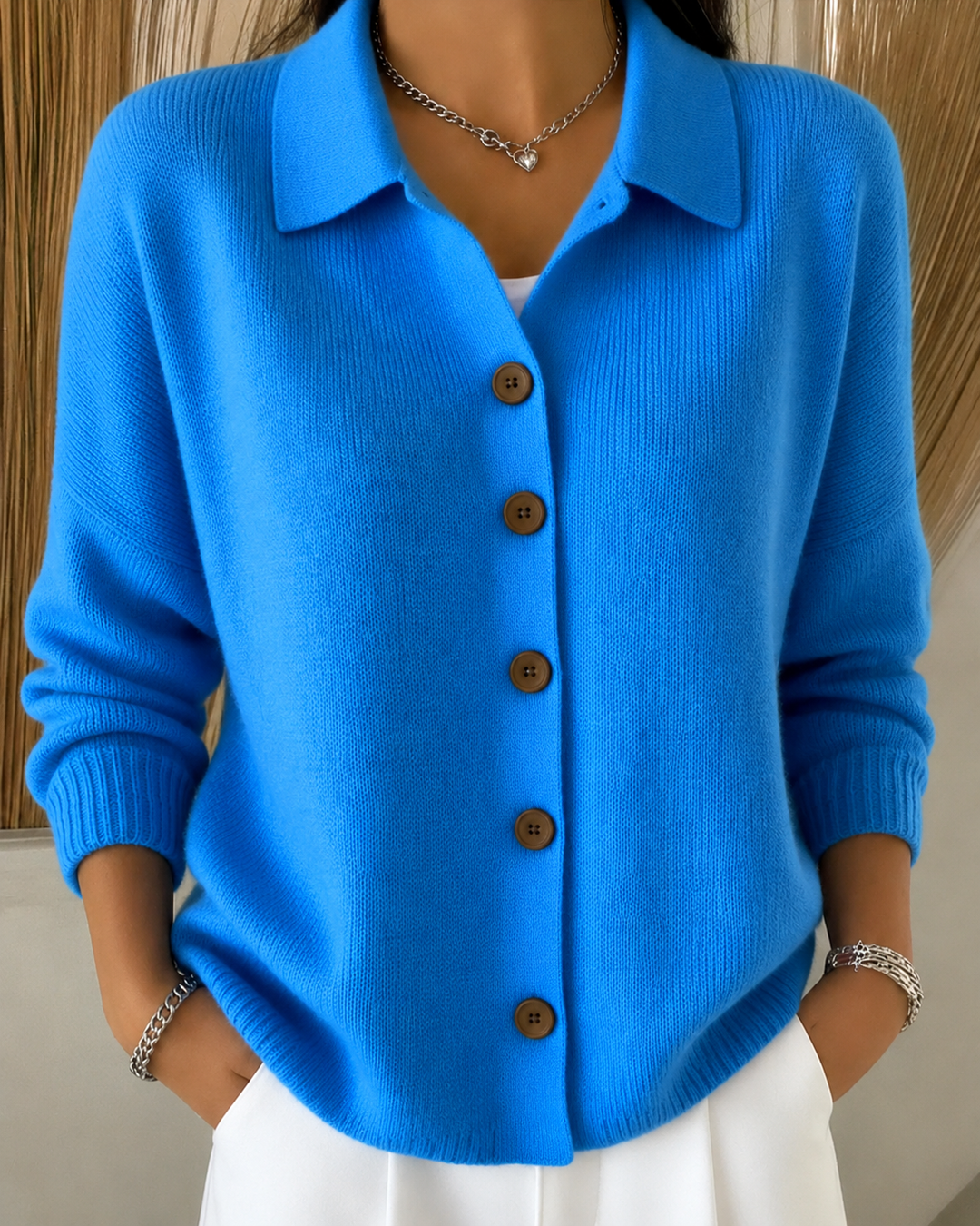 Melvane | Gilet Femme Col Chemise Maille Douce - Blue - Image 1