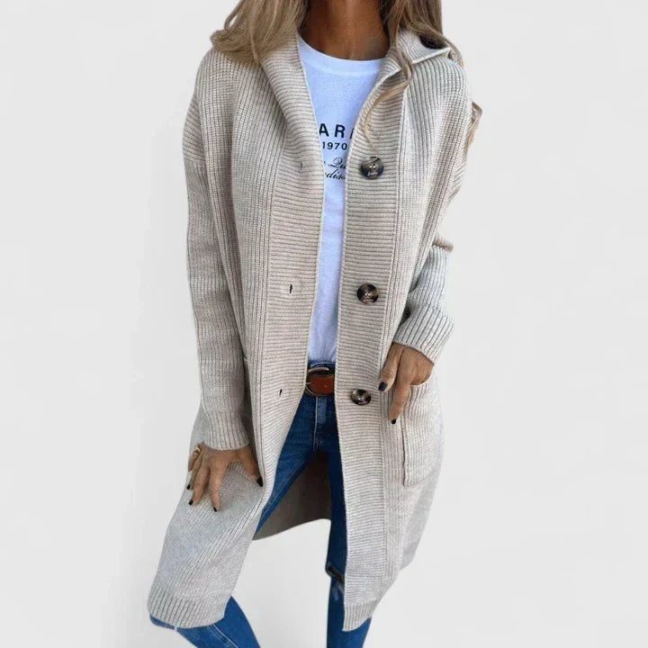 Melvoire | Cardigan Long Femme à Capuche Boutons - Beige - Image 1