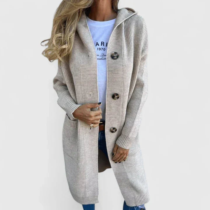 Melvoire | Cardigan Long Femme à Capuche Boutons - Beige - Image 2