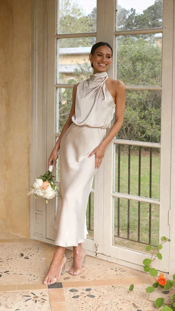 Melvorie | Femme Robe Midi Satinée Col Halter - Champagne - Image 1