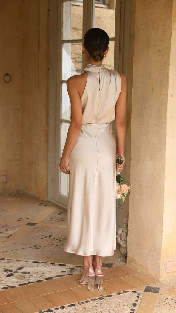 Melvorie | Femme Robe Midi Satinée Col Halter - Champagne - Image 2