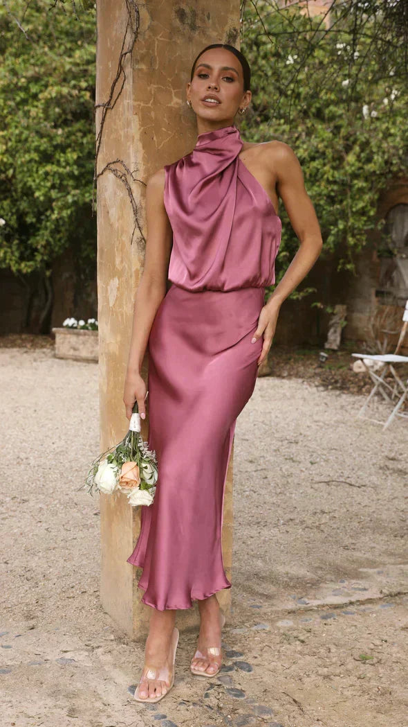 Melvorie | Femme Robe Midi Satinée Col Halter - Champagne - Image 5