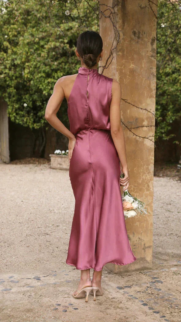 Melvorie | Femme Robe Midi Satinée Col Halter - Champagne - Image 6