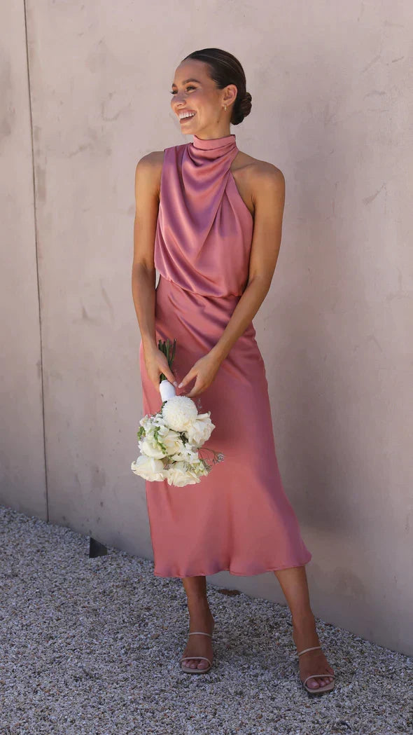 Melvorie | Femme Robe Midi Satinée Col Halter - Champagne - Image 7