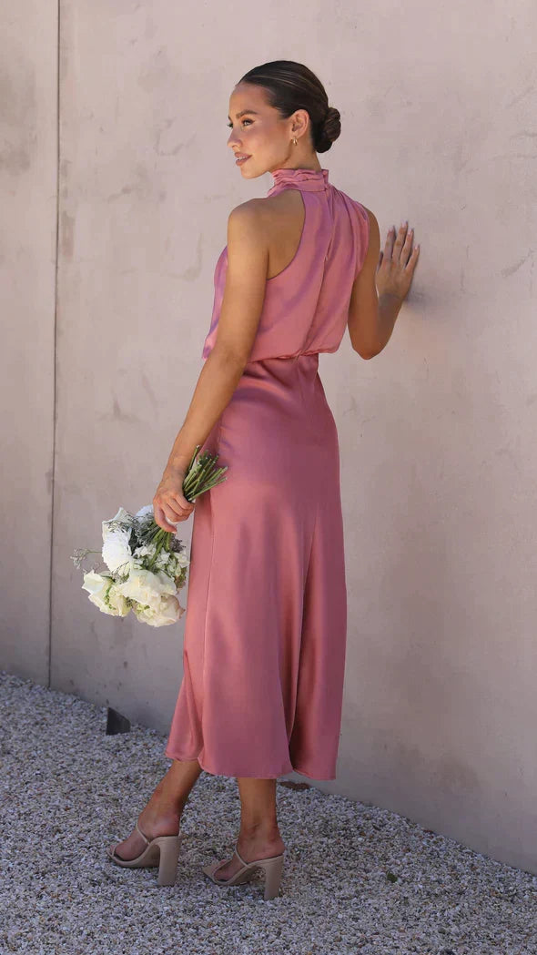 Melvorie | Femme Robe Midi Satinée Col Halter - Champagne - Image 8