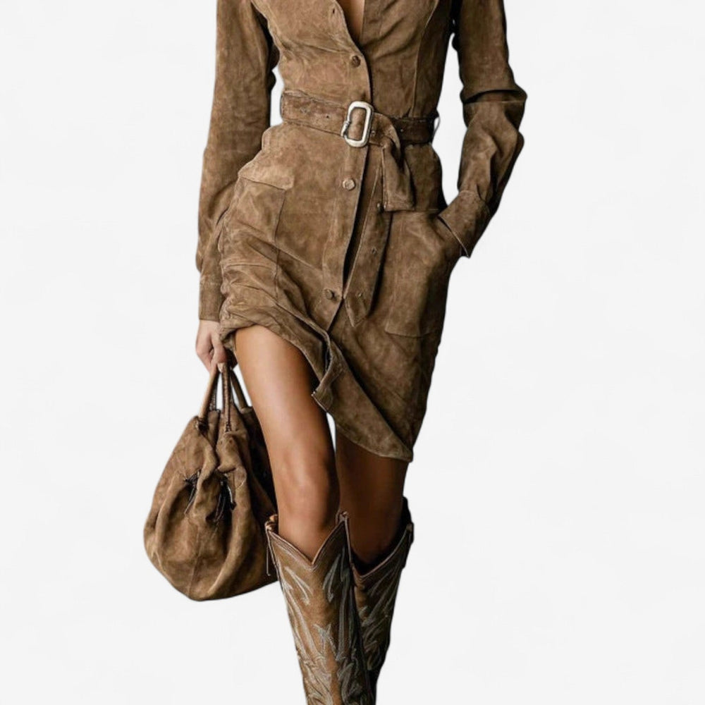 Meridiana | Women's Belted Long Sleeve Shirt Dress - Brown - Image 2
