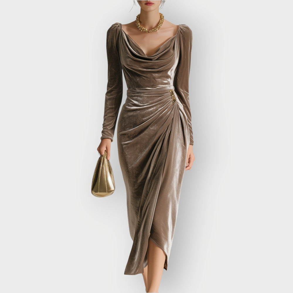 Millicent | Women's Cowl Neck Long Sleeve Midi Dress - Image 2