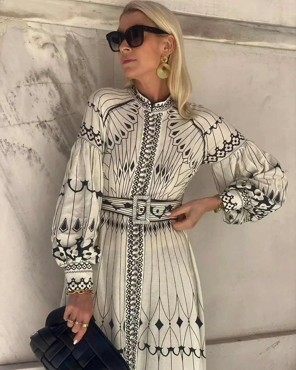 Mirabelle | Women's Printed Long Sleeve Midi Dress - White - Image 2