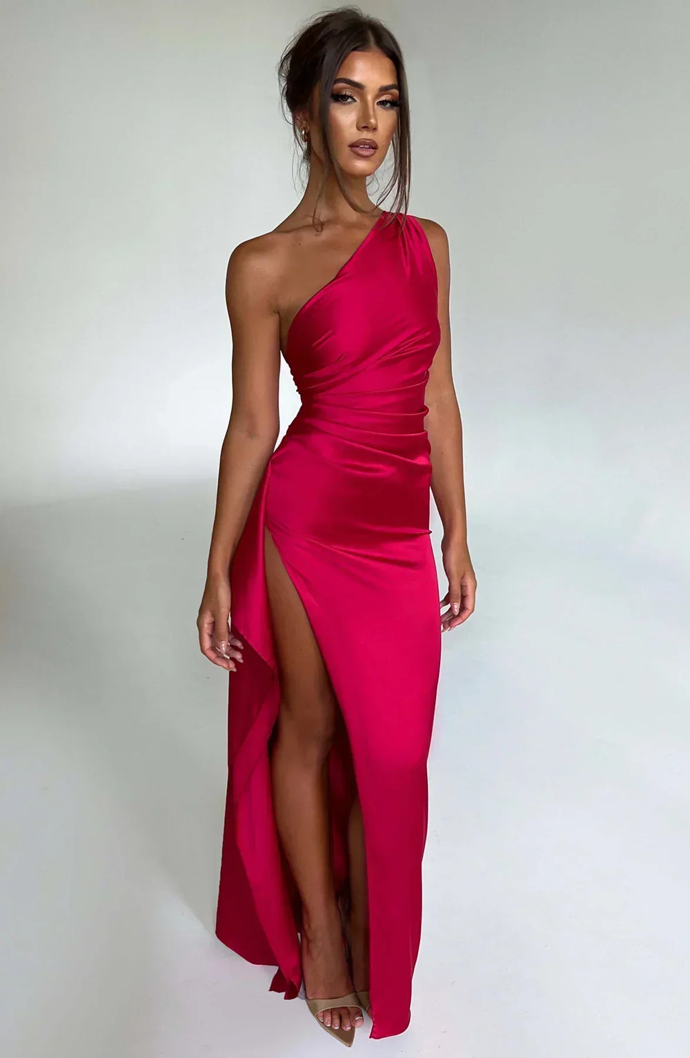 Mireille | Women's One Shoulder Maxi Evening Dress - Red - Image 2
