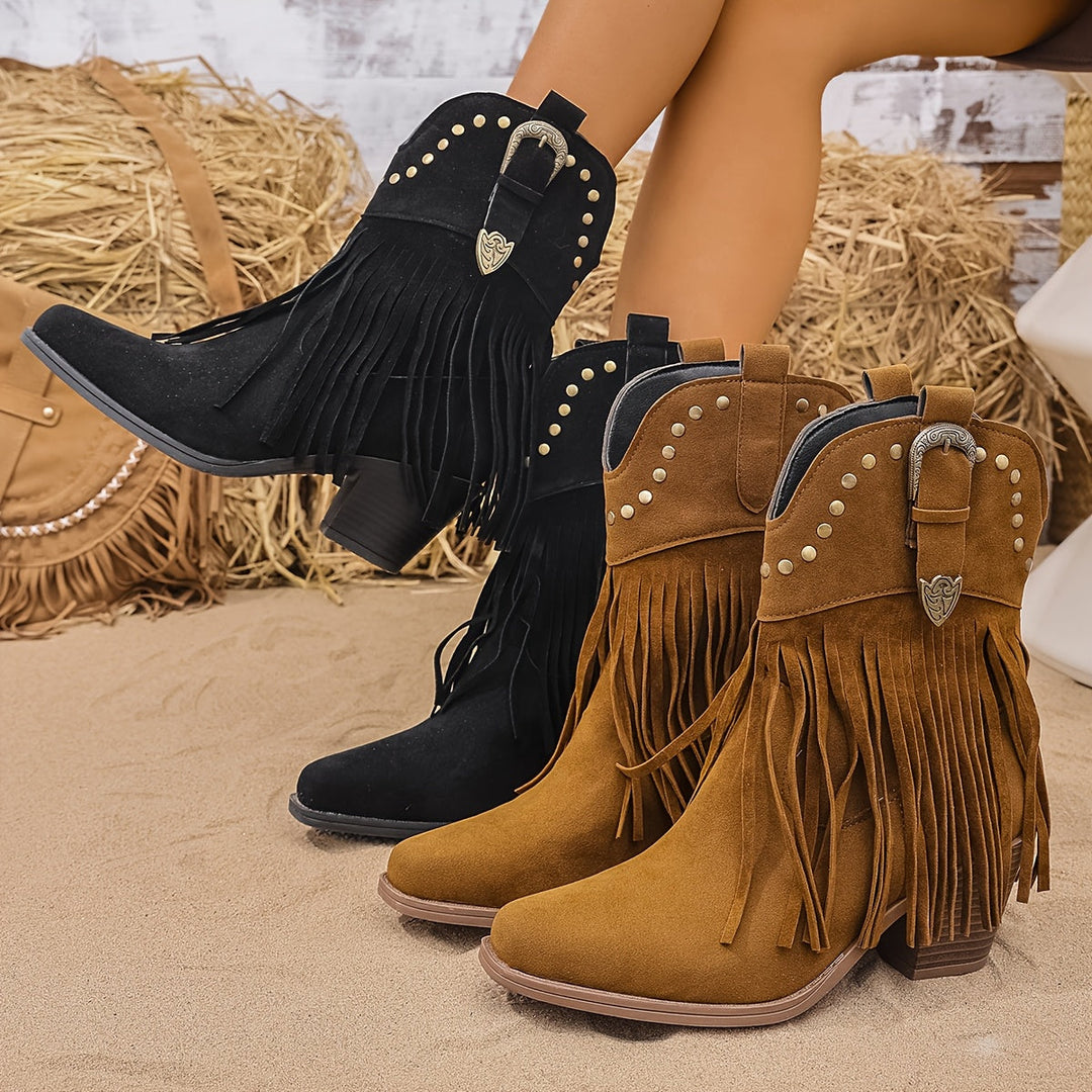 Méravène | Femme Bottines Franges Style Western - Camel - Image 12