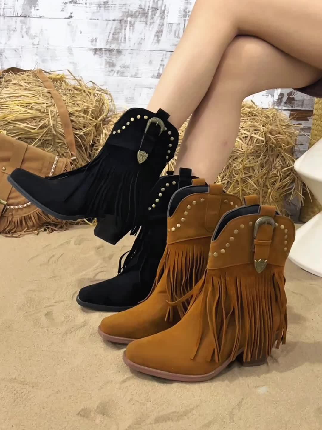 Méravène | Femme Bottines Franges Style Western - Camel - Image 13