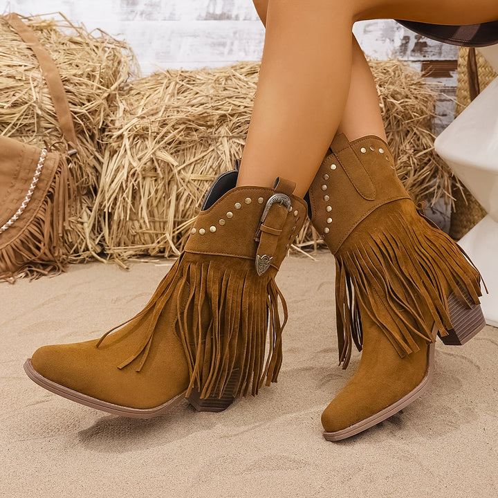 Méravène | Femme Bottines Franges Style Western - Camel - Image 2