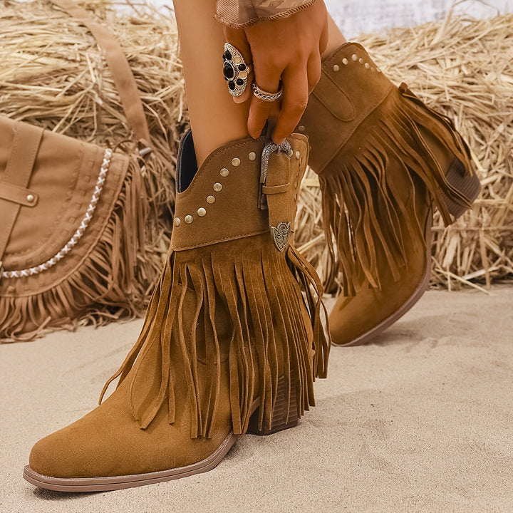 Méravène | Femme Bottines Franges Style Western - Camel - Image 3