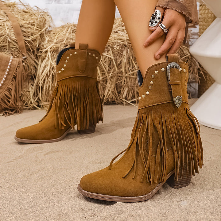 Méravène | Femme Bottines Franges Style Western - Camel - Image 7