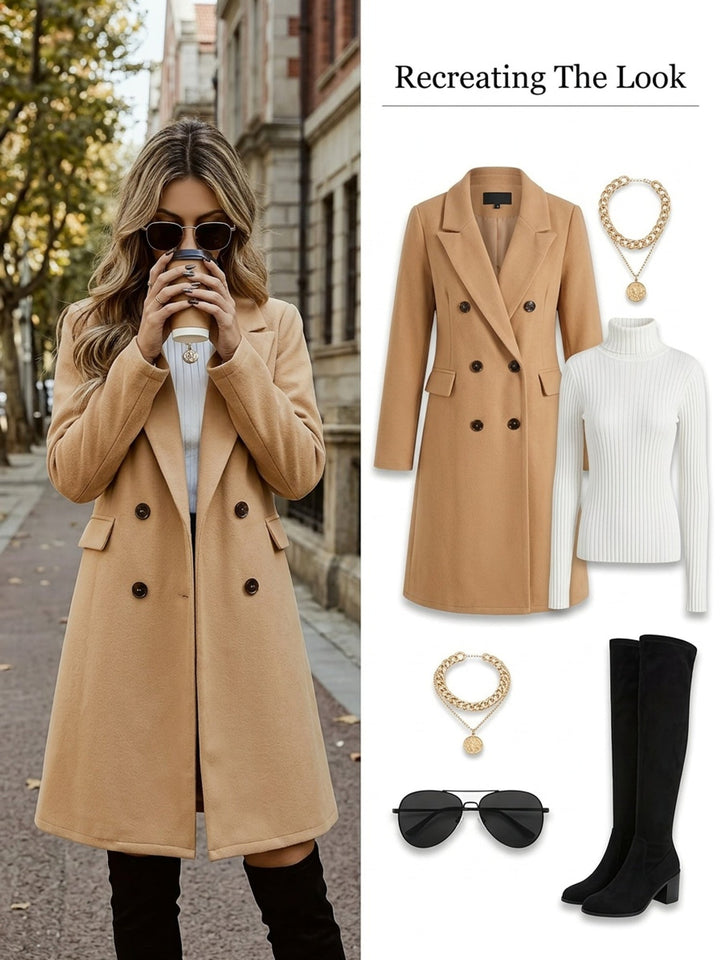 Nelvane | Femme Manteau Double Boutonnage Mi-Long - Camel - Image 7