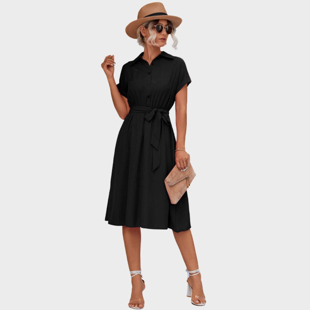 Nelvhane | Femme Robe Chemisier Ceinturée Midi - Black - Image 1