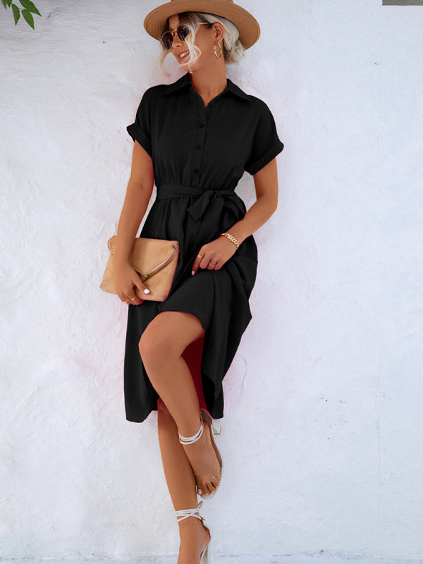 Nelvhane | Femme Robe Chemisier Ceinturée Midi - Black - Image 6