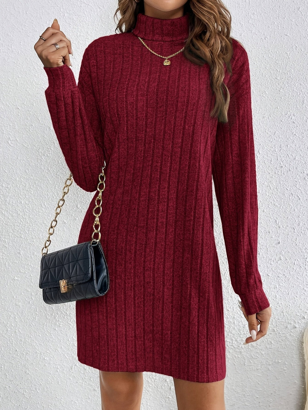 Nelvhara | Femme Robe Pull Col Roulé Côtelée Mini - Taupe - Image 22