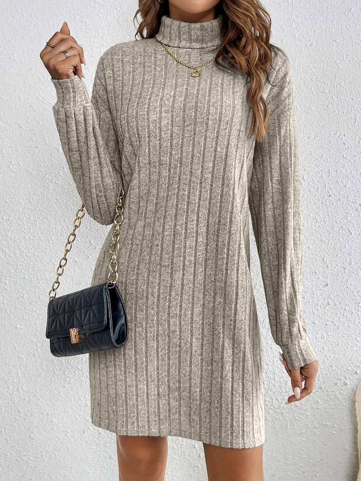 Nelvhara | Femme Robe Pull Col Roulé Côtelée Mini - Taupe - Image 5