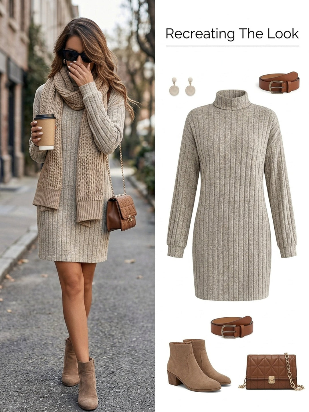 Nelvhara | Femme Robe Pull Col Roulé Côtelée Mini - Taupe - Image 7