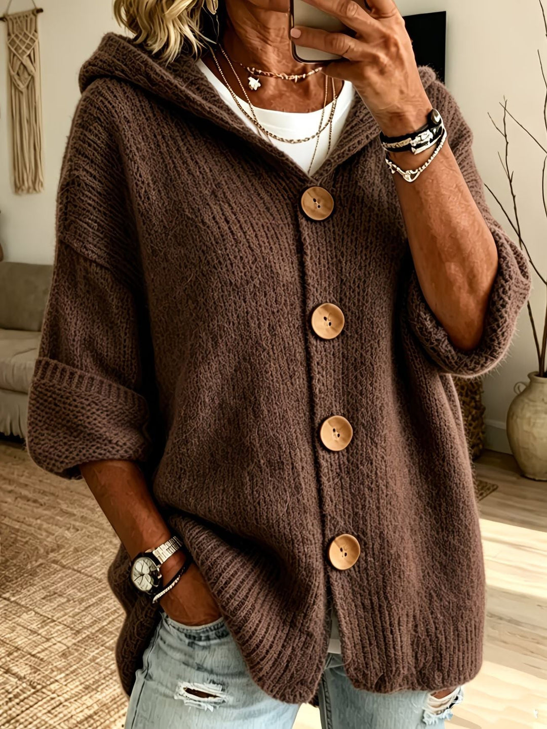 Nelvore | Femme Cardigan à Capuche Boutonné Maille - Light Blue - Image 5