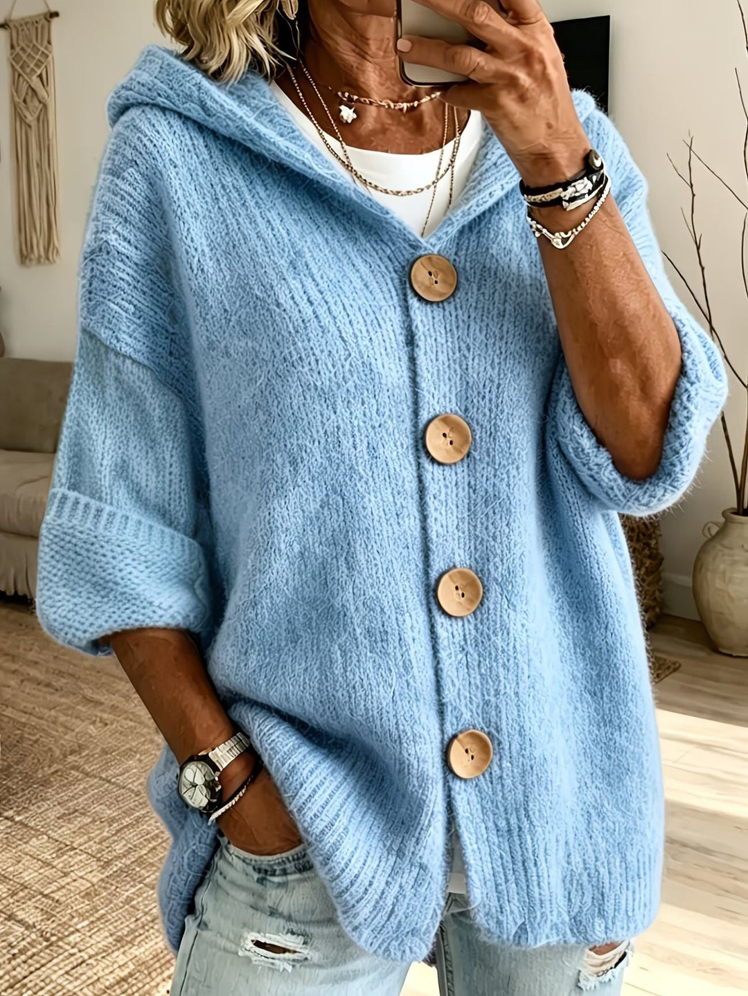 Nelvore | Femme Cardigan à Capuche Boutonné Maille - Light Blue - Image 6