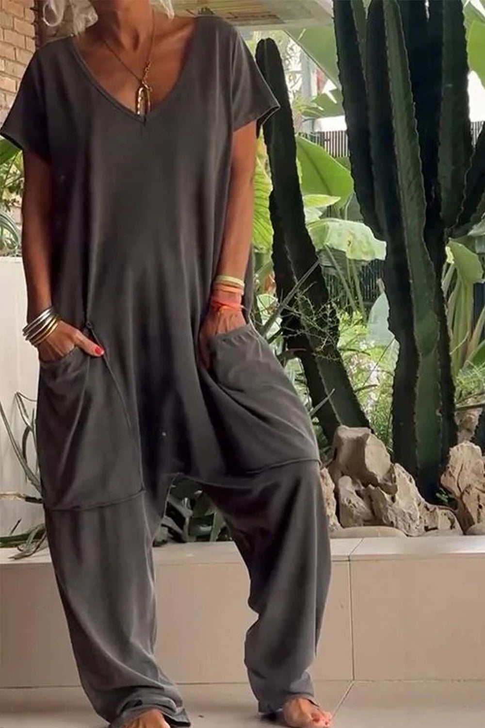 Niamh | Women's V-Neck Wide Leg Jumpsuit - Pink - Image 2