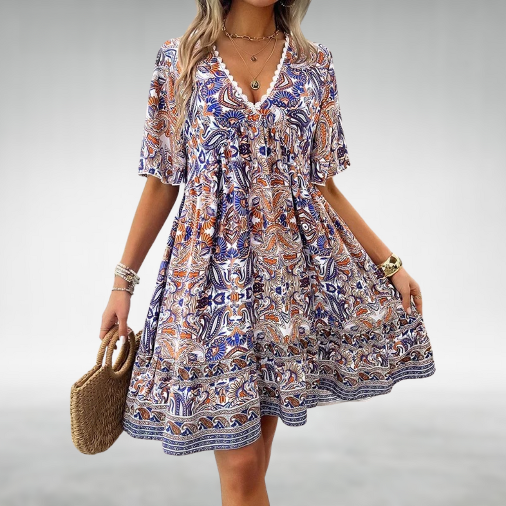 Noelle | Women's Printed V-Neck Mini Dress - Green - Image 2