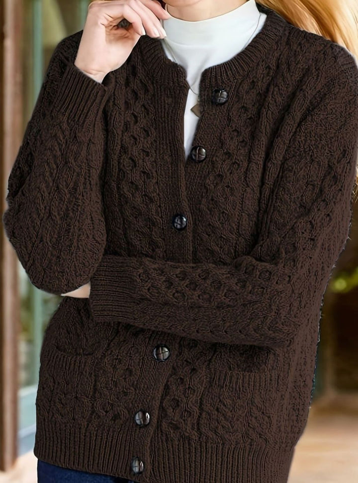 Nolvaine | Cardigan Torsadé Femme à Poches Boutonné - Dark Brown - Image 1