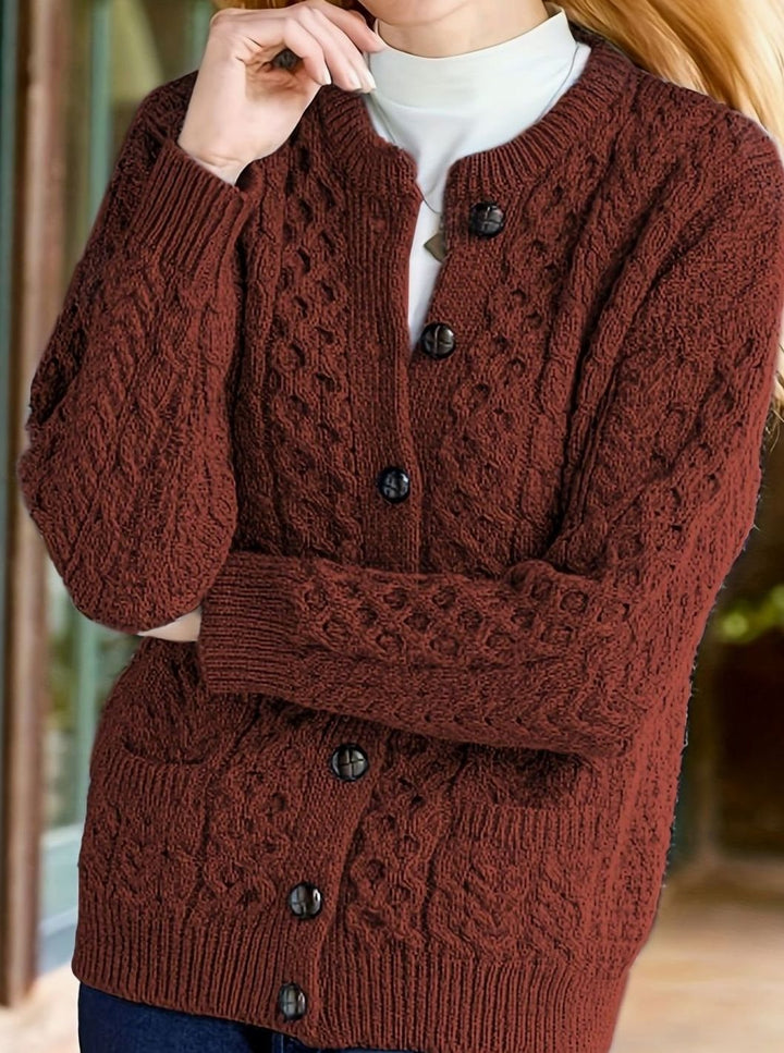 Nolvaine | Cardigan Torsadé Femme à Poches Boutonné - Dark Brown - Image 2