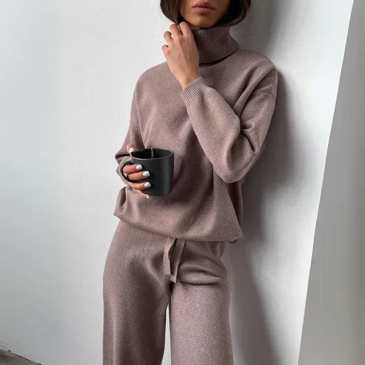 Nolvaire | Femme Ensemble Tricot Col Roulé Pantalon Large - Taupe - Image 1